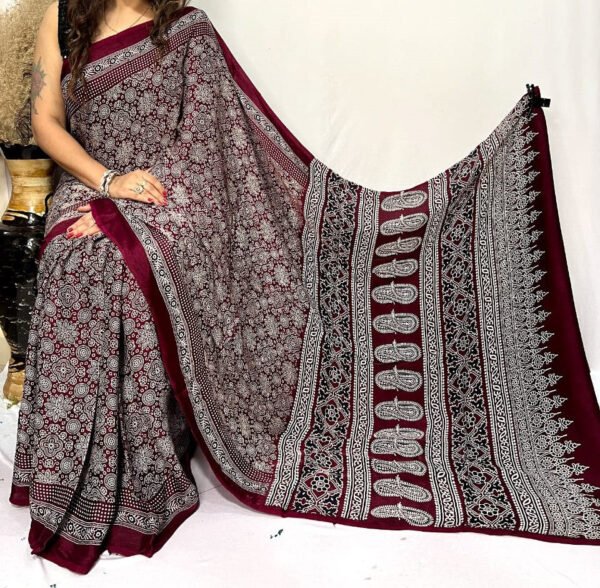 Dark Maroon Ajrakh Digital Print Muslin cotton fabric Saree  – Traditional Ethnic Wear for Women