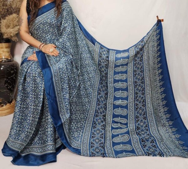 Blue Ajrakh Digital Print Muslin fabric Saree  – Traditional Ethnic Wear for Women
