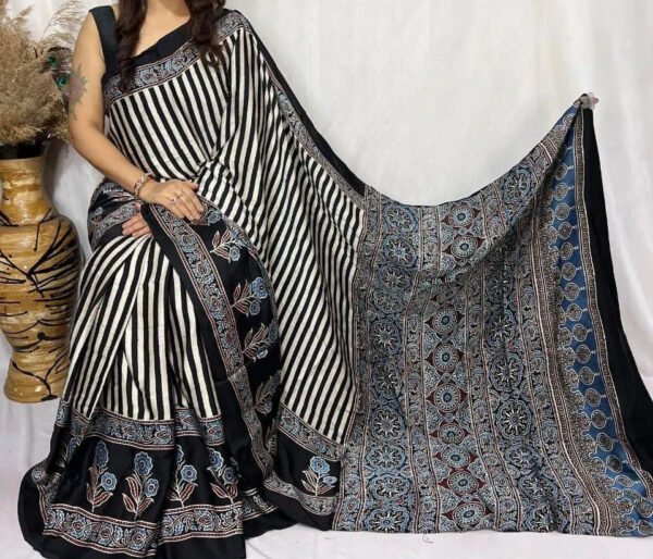 Black Ajrakh Digital Print Muslin fabric Saree  – Traditional Ethnic Wear for Wome