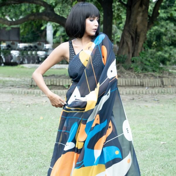 Navy blue songbird digital printed satin georgette saree