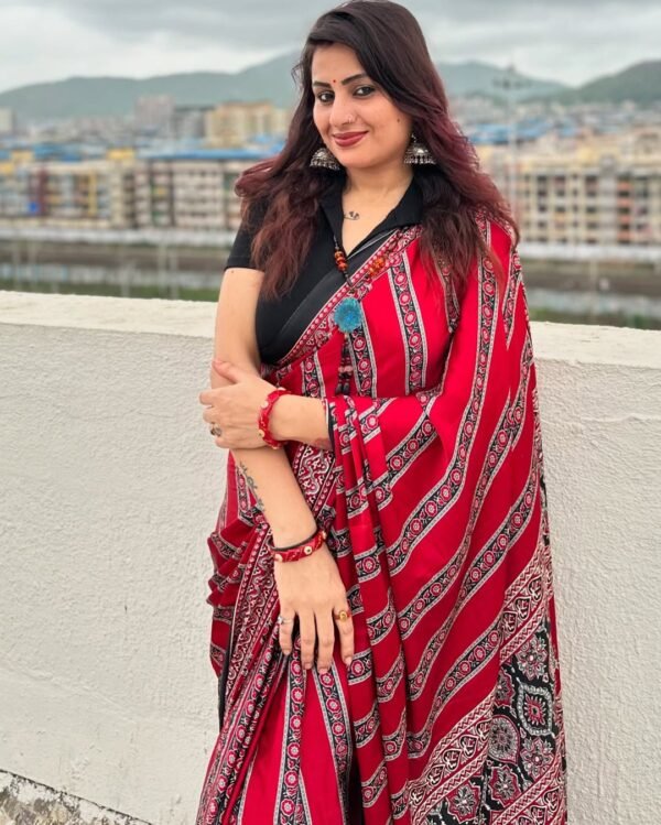 Black and Red Ajrakh Digital Print  Saree  – Traditional Ethnic Wear for Women